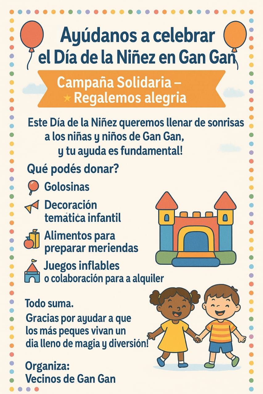 SE BUSCAN COLABORACIONES PARA CELEBRAR EL DÍA DE LAS INFANCIAS EN GAN GAN